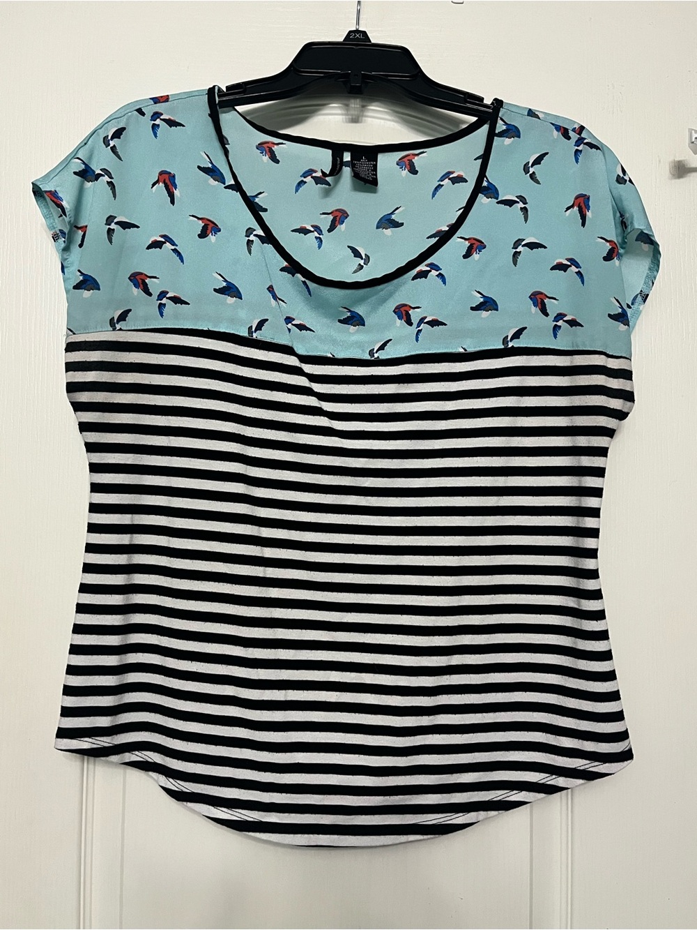 new directions Black & White Striped Blouse with Light Blue with Birds.
